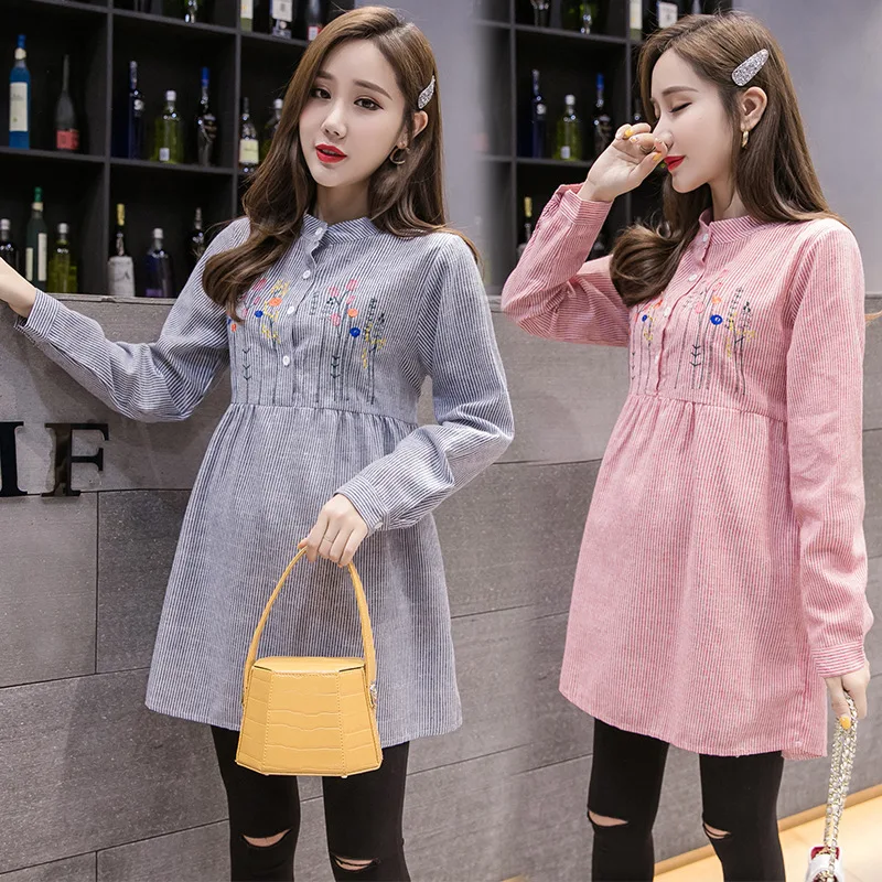 Платья с вышивкой и длинным рукавом для беременных платья блузки Рубашки Топы