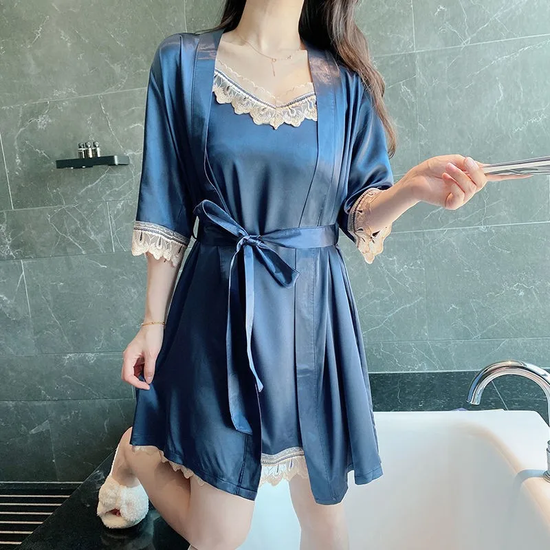

Female Pajamas Set Summer Sleepwear Sexy Loose Faux Silk Robe Kimono Bathrobe Gown Sexy Lace Trim Pyjama Pour Femme Home Suit