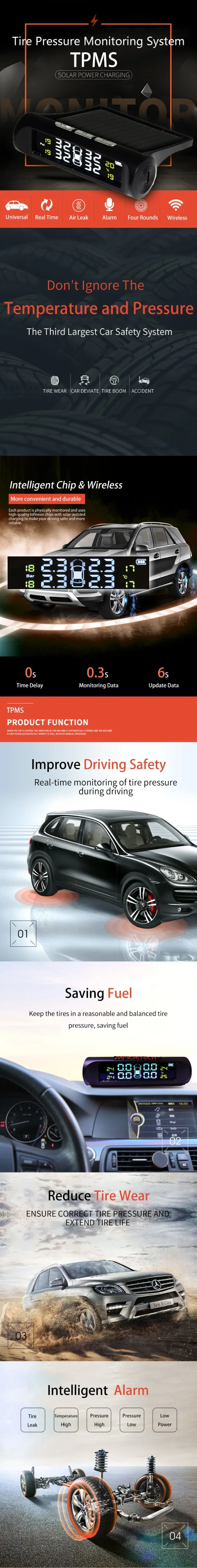 Новое прибытие Солнечная энергия TPMS Беспроводная система контроля давления в шинах для автомобиля SUV микроавтобуса безопасный привод с TPMS