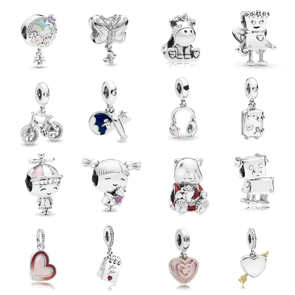 Посеребренные шармы бусины в форме сердца и единорога для браслетов