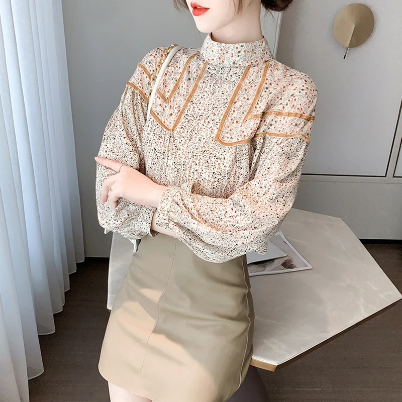 

Spring Floral Gentle Hot Sweet Retro Women Shirts Lantern Long Sleeves Patchwork 2021 New Arrivals Elegance Female Blouses