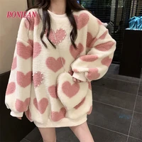 2021 new kawaii love imitation lamb wool pink pullover womens autumn and winter new harajuku style loose korean top free bag