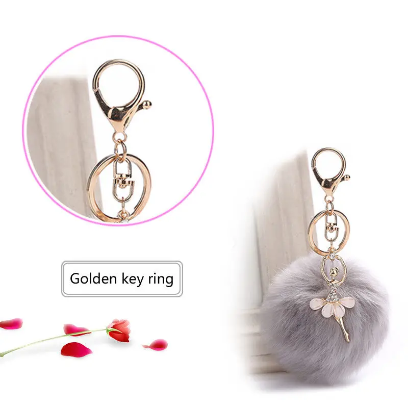 Gold Key Chain Pom Key Rings Fake Rabbit Fur Ball Pompom Angel Girl Fourrure Pompon Women Bag Charms Jewelry Gift images - 6