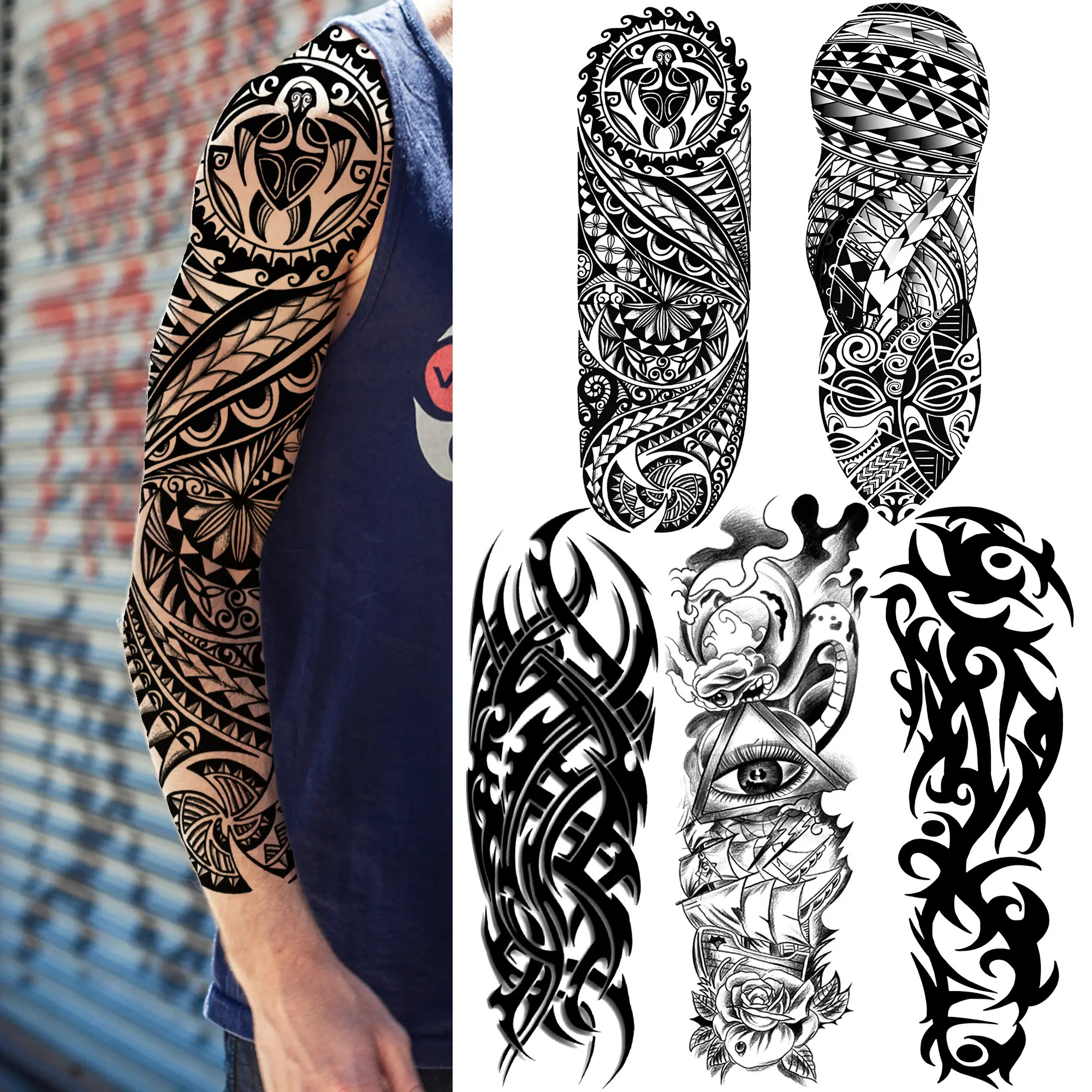 

India Maori Totem Temporary Tattoo For Men Women Full Sleeve Black Bramble Tribal Tattoos Sticker Fake Geometric Eye Tatoo Paper