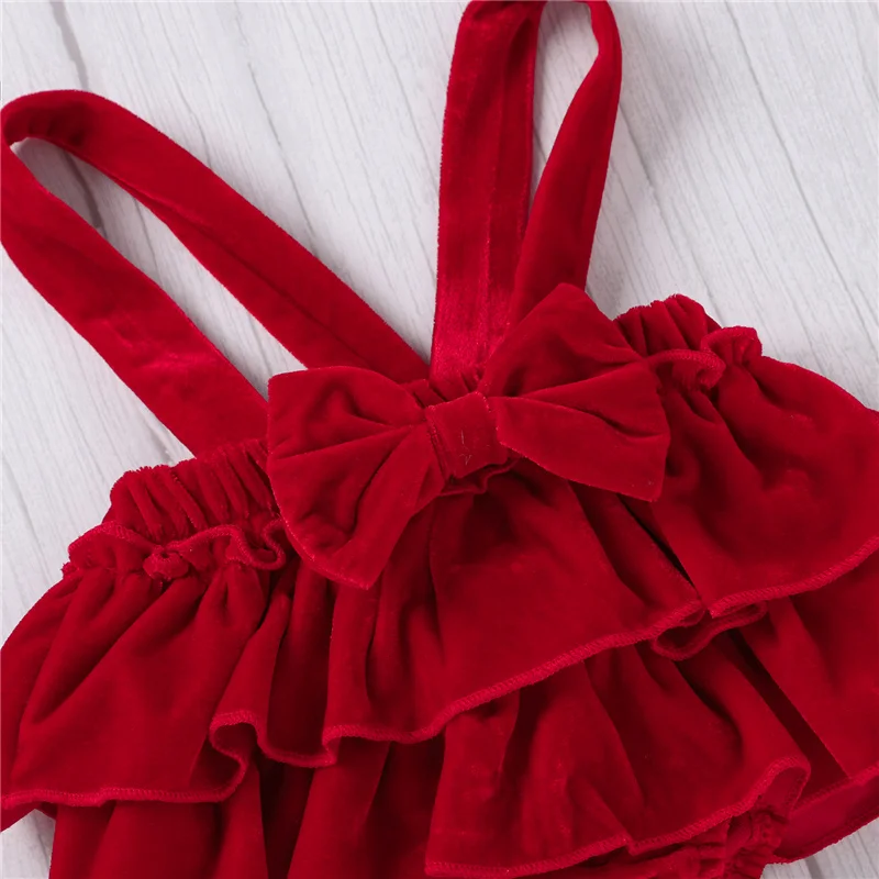 

3 Piece Outfit Set 0-24M Newborn Infant Girl Dress Flying Sleeve Ruffled Romper Velvet Suspender Skirt Hair Band for Baby Girl