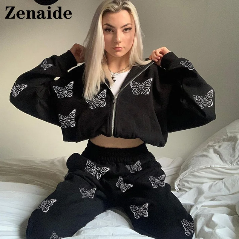 

Zenaide 2021 Autumn Diamonds Zipper Hoodies Loose Long Sleeve Sweatshirt Black Women Casual Oversized Harajuku Hooded Street