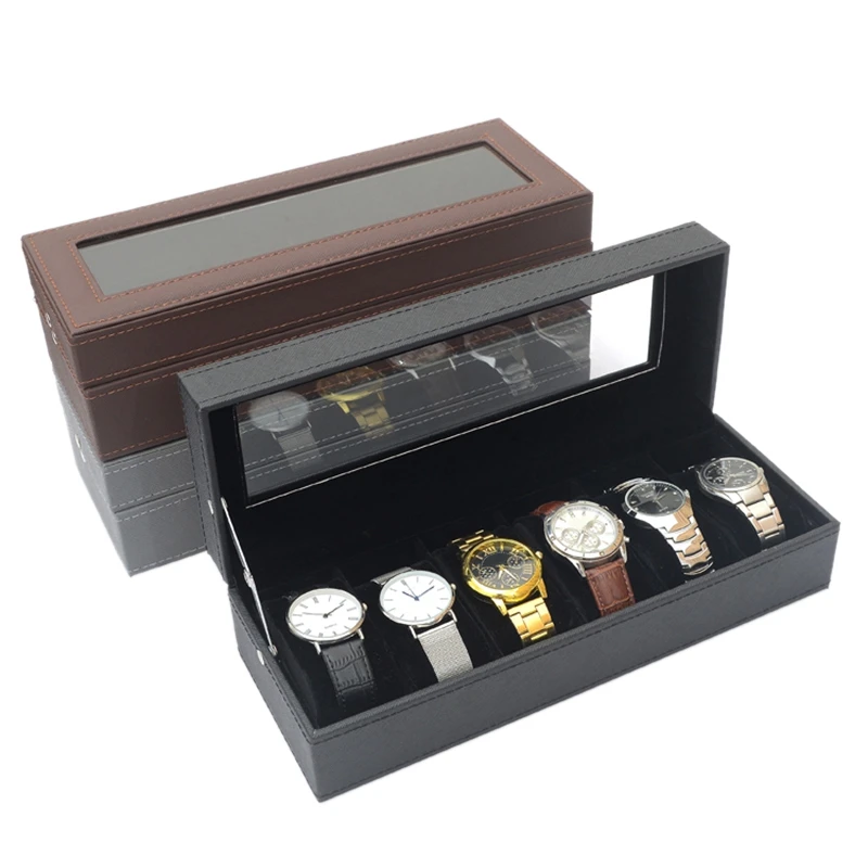 

6 Slots PU Leather Watch Display Case Glass Topped Watch Display Case Watch Jewelry Organizer Watch Display Case