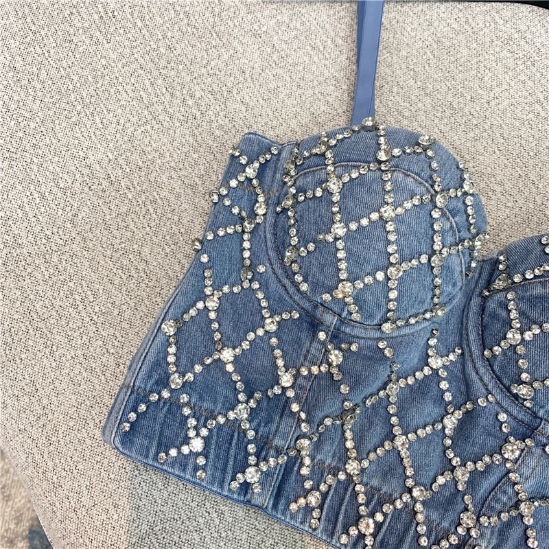 2020 Fall Winter Woman Slim Fit Three-Dimensional Cup Rhinestone Short Denim Camisole Top Female Lady Night-Club Wear Bra