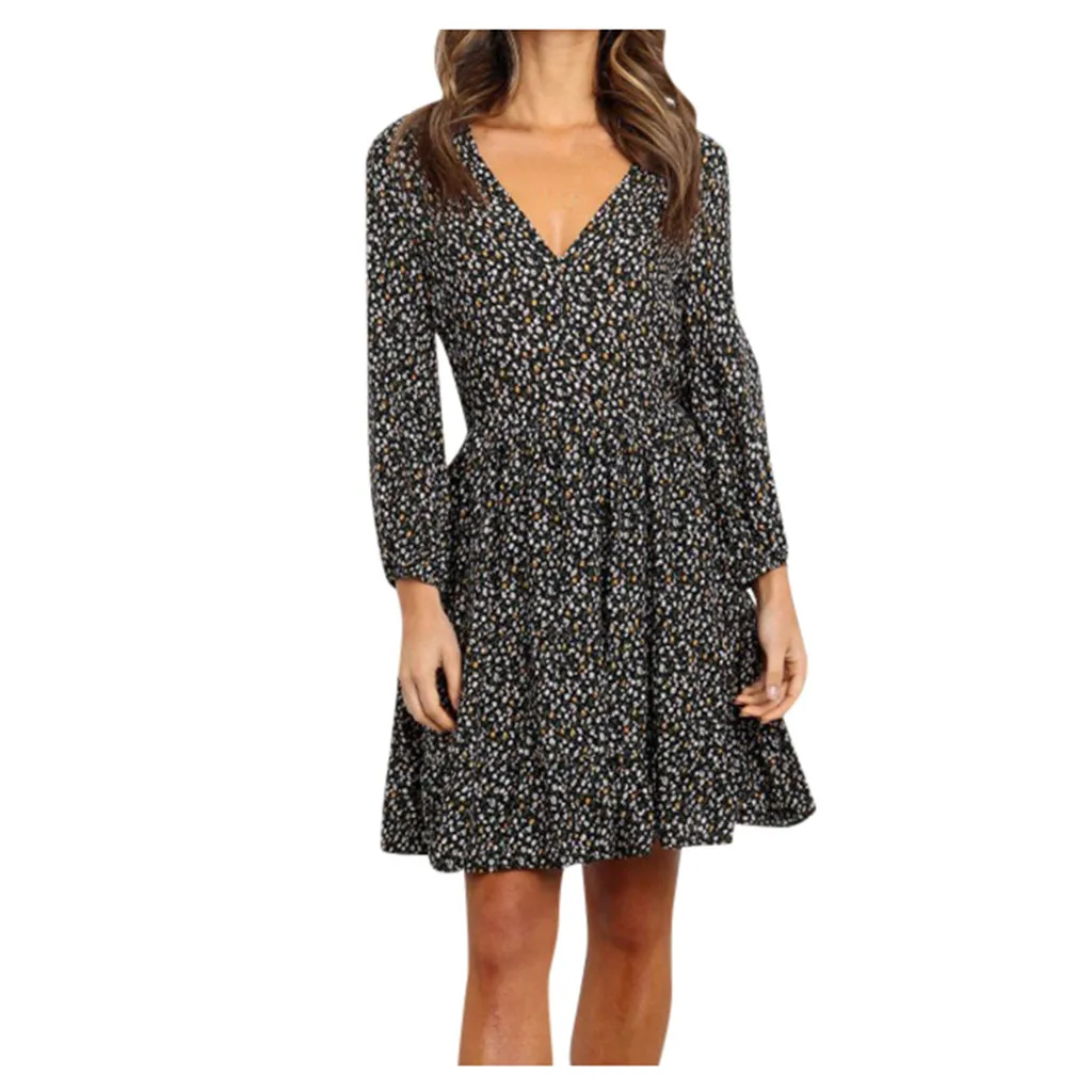 Женское платье с v образным вырезом и цветочным принтом длинный рукав