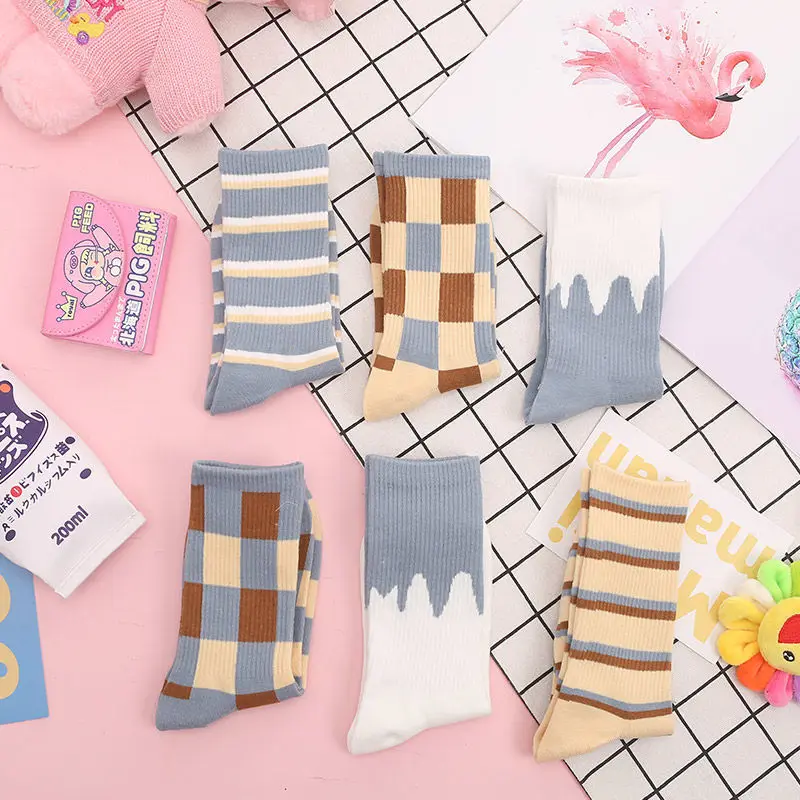 

Sfree 4Pairs Blue Tube Korea Personality Street Japanese Plaid Stripes Online Celebrity Student Stockings Summer