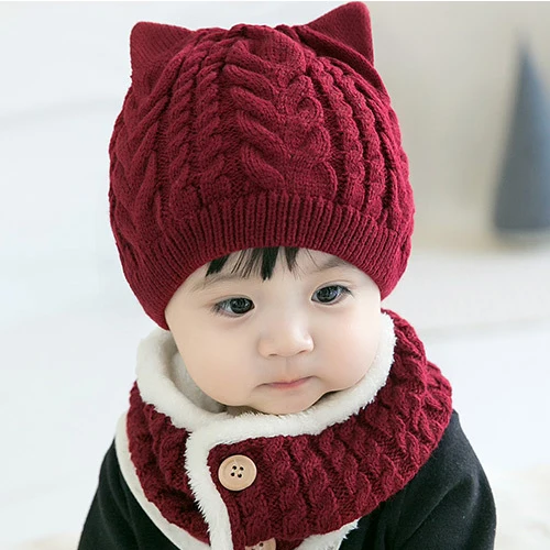 wine red set Зимняя шапка с помпоном, шарф, комплект для маленьких мальчиков, шапки, шарфы для детей, детская шапочка, шапка для девочек, HT19018 - Цвет: wine red set