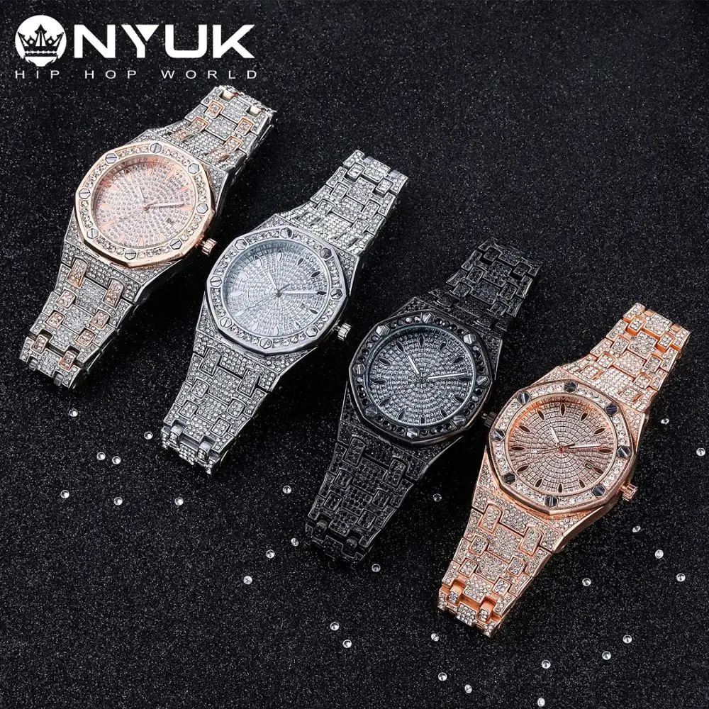 NYUK шикарные алмазные часы для мужчин со льдом Роскошные Мужские кварцевые платье