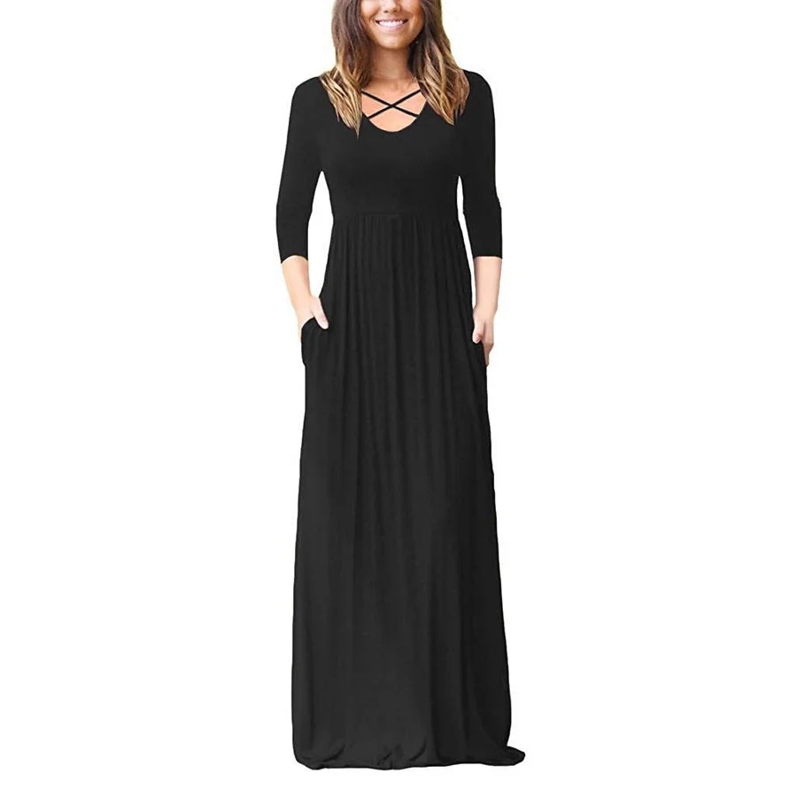 

BoozRey Summer Black Sexy Dress for Women Long Sleeve A-line Long Skirt with Solid Color Stitching Round Neck Side Pockets