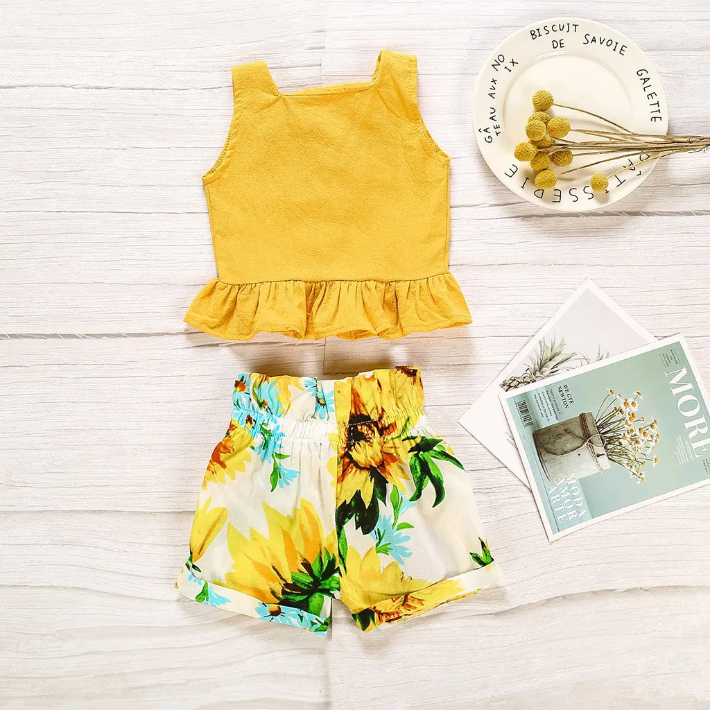 2020 летние пляжные комплекты для маленьких девочек желтый жилет футболки + шорты