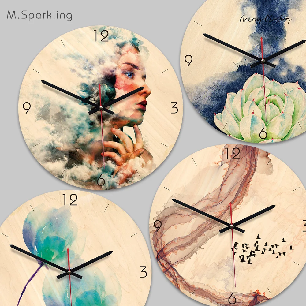 M.Sparkling Wooden Wall Clock Creative Watercolor Art Modern Design Living Room Reloj Pared 11inch Silent Watch | Дом и сад