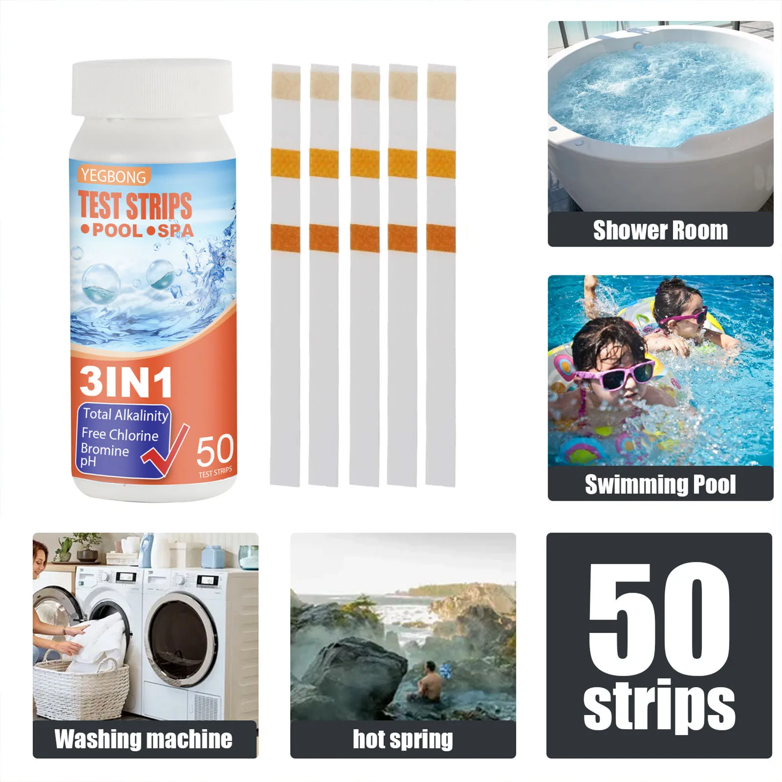 

50PCS/Bottle 3 In 1 Swimming Pool Drinking Water Quality Test Kit Chlorine PH Value Alkalinity Hardness Test Paper Test Strip