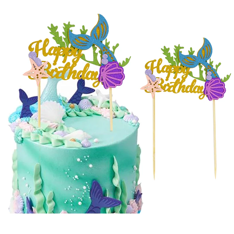 

Mermaid Birthday Cake Toppers Mermaid Tail Sea Grass Shape Paper Flags Cake Decoration Kids Girl Happy Birthday Party Supplies