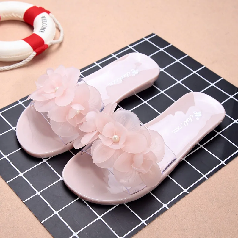 New Summer Slippers Female Flower Crystal Jelly Sandals and Slippers Fashion Non-slip Outer Wear Flat Transparent Beach Shoes