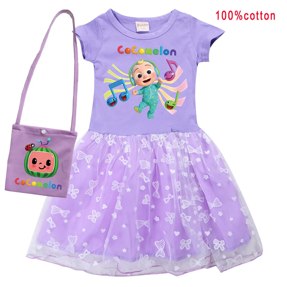 

2021 Summer New Cocomelon Dresses Baby Girls Cute Cartoon Princess Dress + Bag Kids Birthday Party Vestidos Toddler Girl Clothes