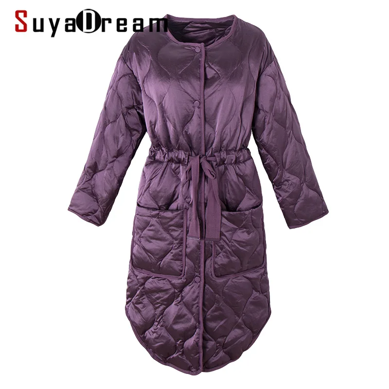 SuyaDream женские Стеганые Длинные пуховые пальто одноцветные с поясом теплые парки