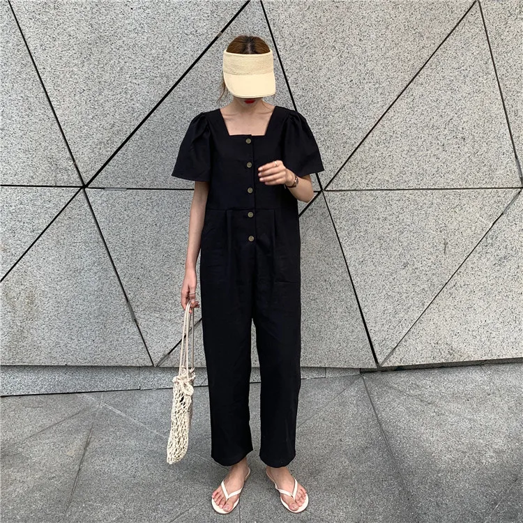 Комбинезон женский летний свободного покроя однобортный хлопково-льняной