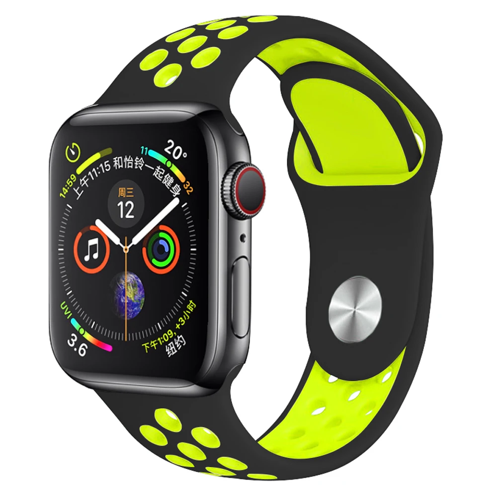 Black with yellow Мягкий силиконовый сменный спортивный ремешок для Apple Watch, 38 мм, 40 мм, серия 1, 2, 3, 4, 5, 42 мм, 44 мм, браслет на запястье, ремешок для iWatch Sports - Цвет ремешка: Black with yellow