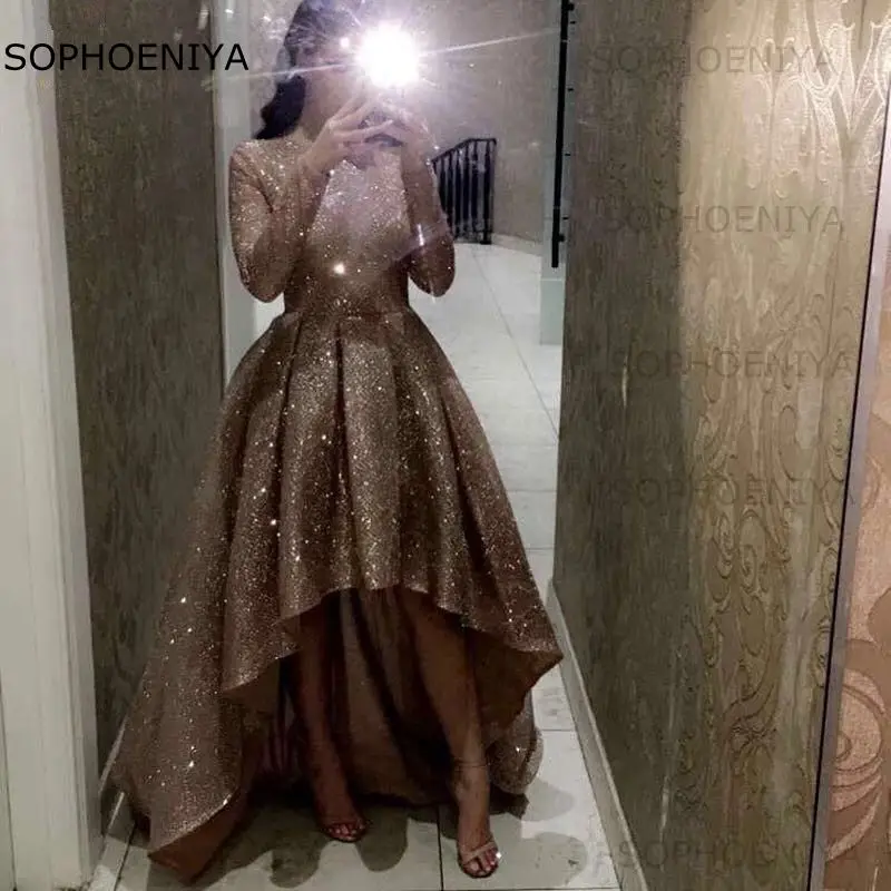 

New Arrival High Neck Long sleeve Prom dresses woman party night 2021 Short Front Long Back Bling Seqiune Evening gowns