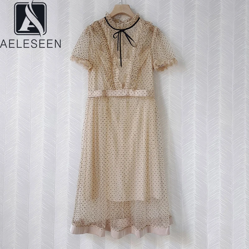 

AELESEEN Runway Fashion Dots Print Dress Women Summer Bow Ruffles Elegant Mesh Long Holiday Dress