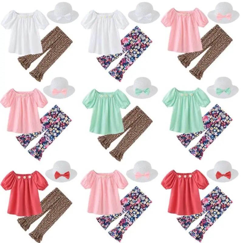 Cute Baby Girls Clothing Casual Girl Clothes Set Outfit Summer Beach Clothe Tops +horn Pants + Hat 3PCS Suit | Детская одежда и