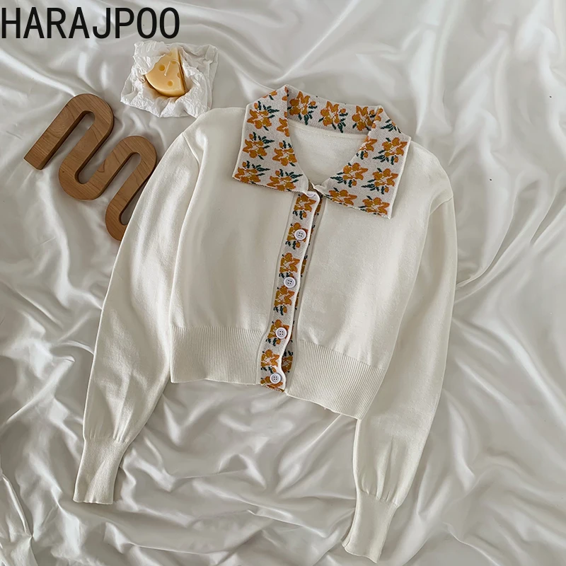 

Женский Укороченный кардиган Harajpoo, персиковый винтажный вязаный свитер с цветочным рисунком в Корейском стиле, повседневная одежда из двух...