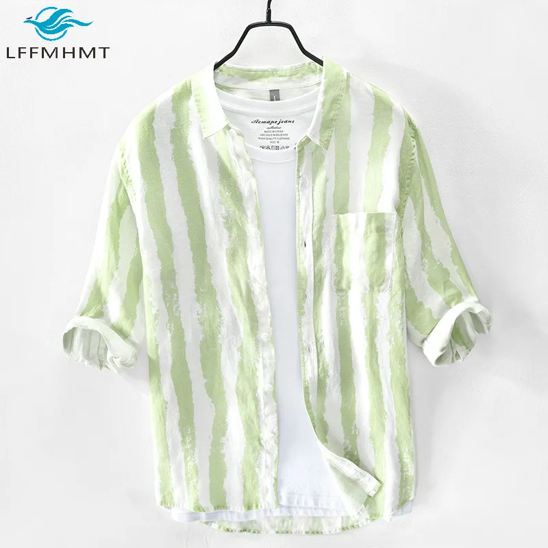 Рубашка мужская с принтом в полоску Льняная блуза рукавами три четверти и