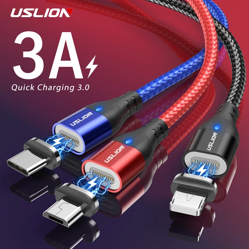 

USLION 3A Fast Charging Magnetic Charger USB Cable for iPhone Samsung Xiaomi Phone Magnet Charge Cable Micro USB Type C Cable