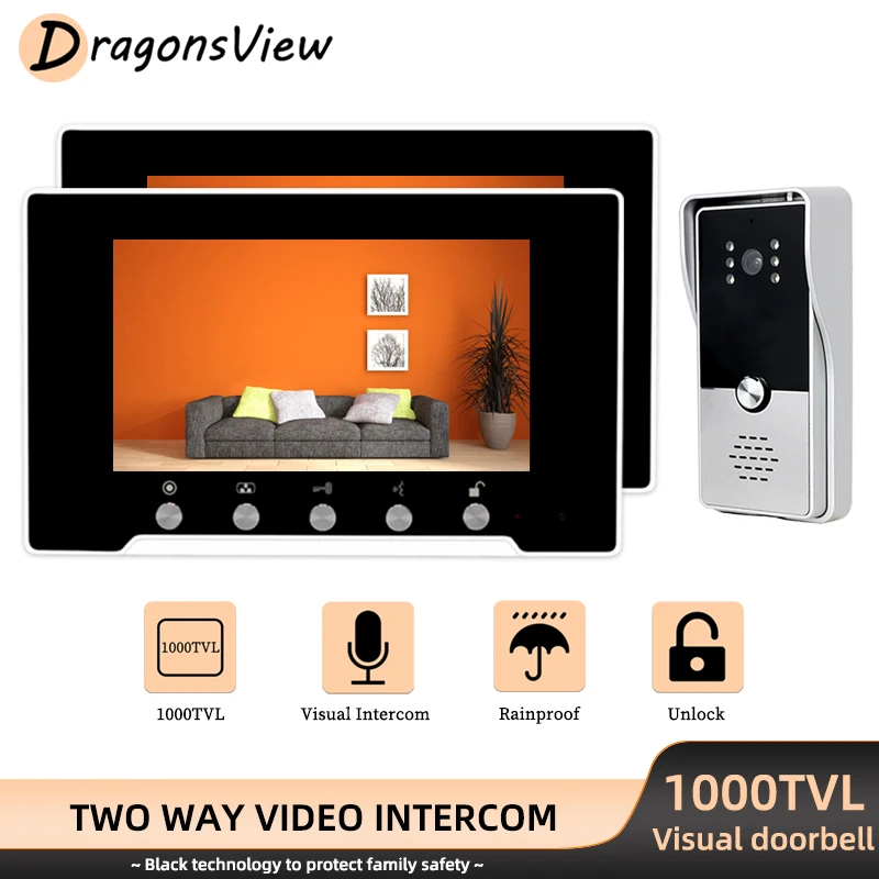 

Видеодомофон DragonsView 7 дюймов, 2 комнатных монитора с уличным дверным звонком 1000TVL, камера для домашней системы безопасности