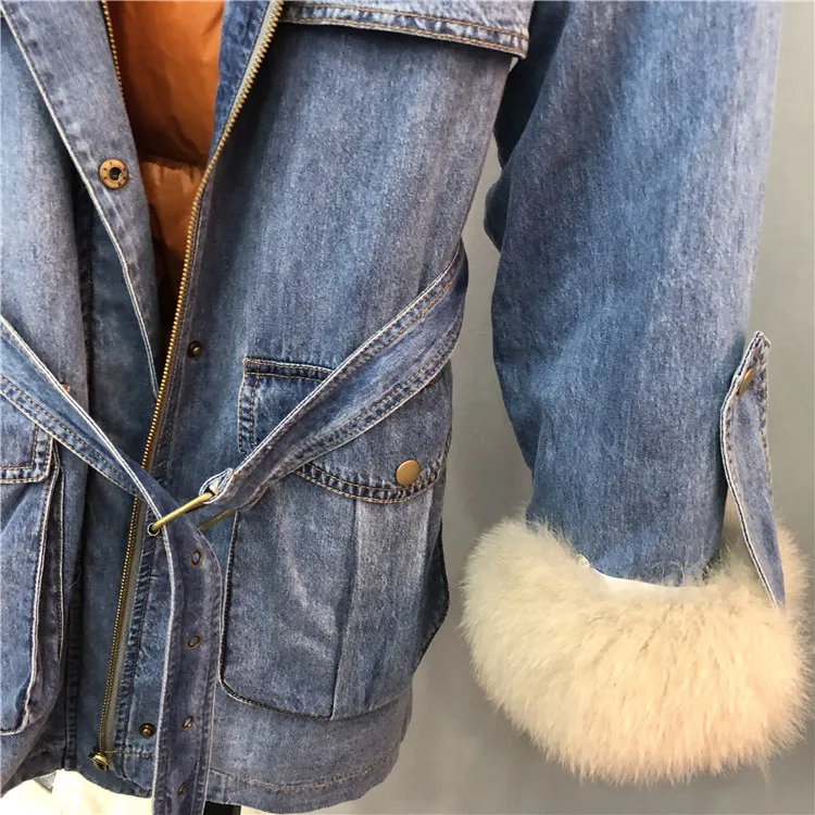 New Fashion Real Fox Fur Collar Coat Women Winter Jacket Detachable Duck Down Liner Denim Jacket Natural Fur Coat