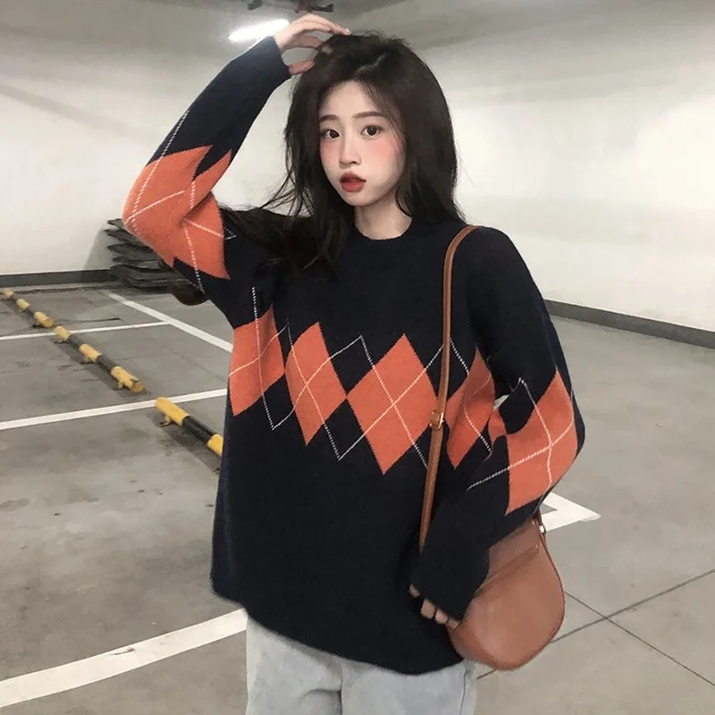 Свободный вязаный женский свитер черные пуловеры оверсайз с круглым вырезом на