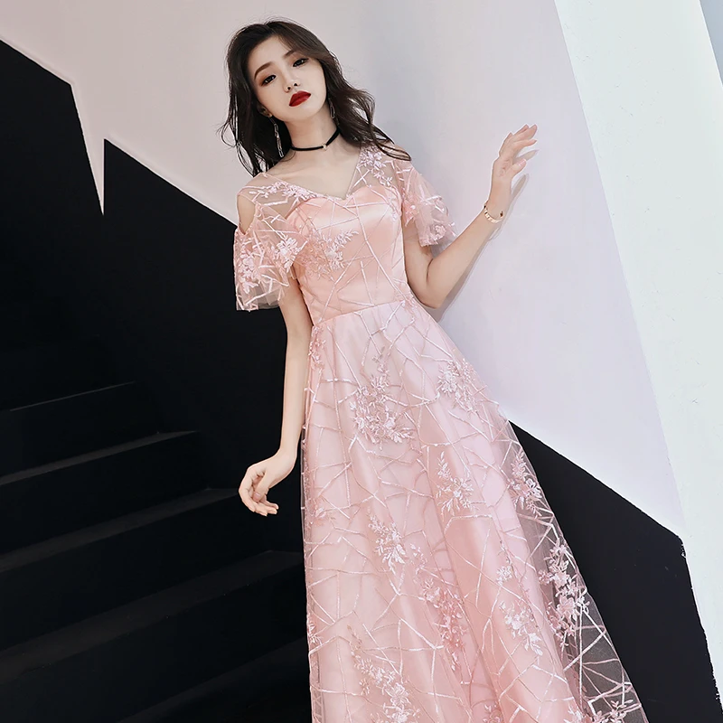 

Pink Women Birthday Dresses 2020 Elegant V-neck Off The Shoulder A-line Floor-length Lace Evening Dresses Long