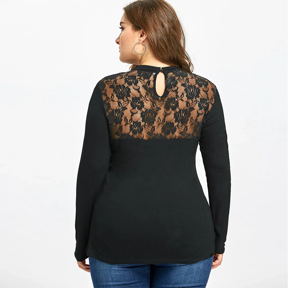 Женская Кружевная футболка с вырезом на спине черная Повседневная облегающая