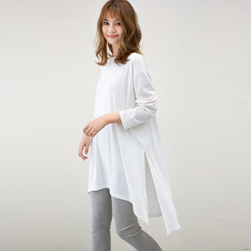 Spring Summer Cotton Simple White Oversize Long T-shirt Women 2021 Casual Loose Split Midi Top O-Neck Long Sleeve Bottoming Tee