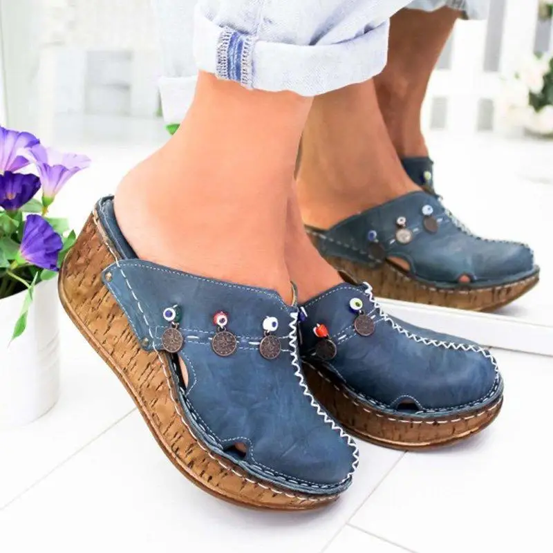 

New Women Sandals Summer Flock Platform Shoes for Woman High Heel Sandals Summer Shoes Sewing Retro Toeless Sandalia 2020