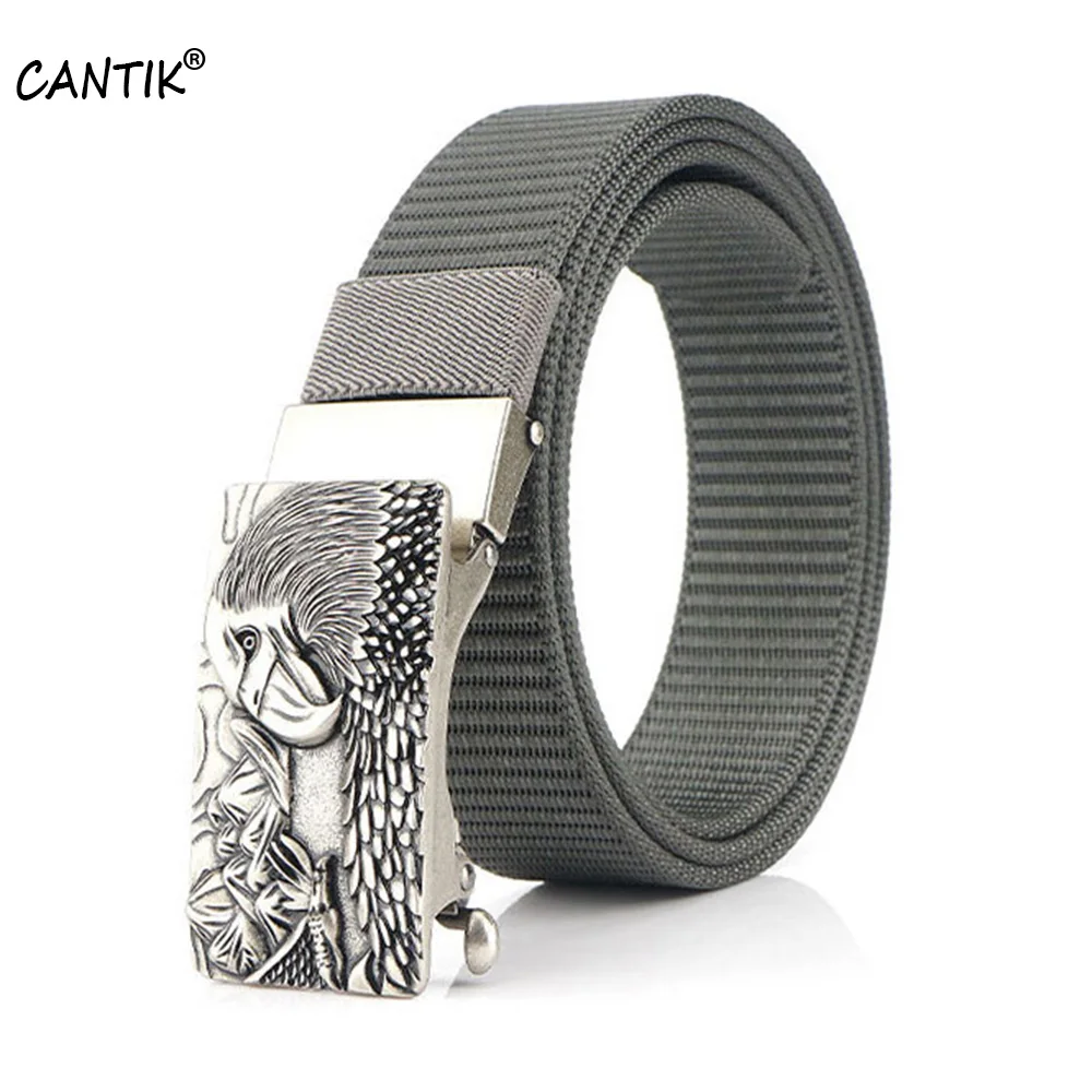 CANTIK Unique Eagle Head Pattern Automatic Buckle Quality Nylon Belts Men Fashion Canvas Belt Jeans Accessories 3.5cm CBCA258