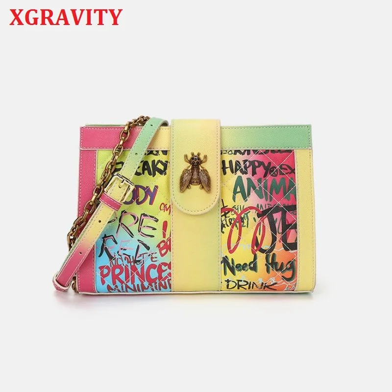 

XGRAVITY New Bee Design Handbags Elegant Graffiti Ladies Fashion Messenger Bags Female Cross Body Bags All Matched Chain Bag H50