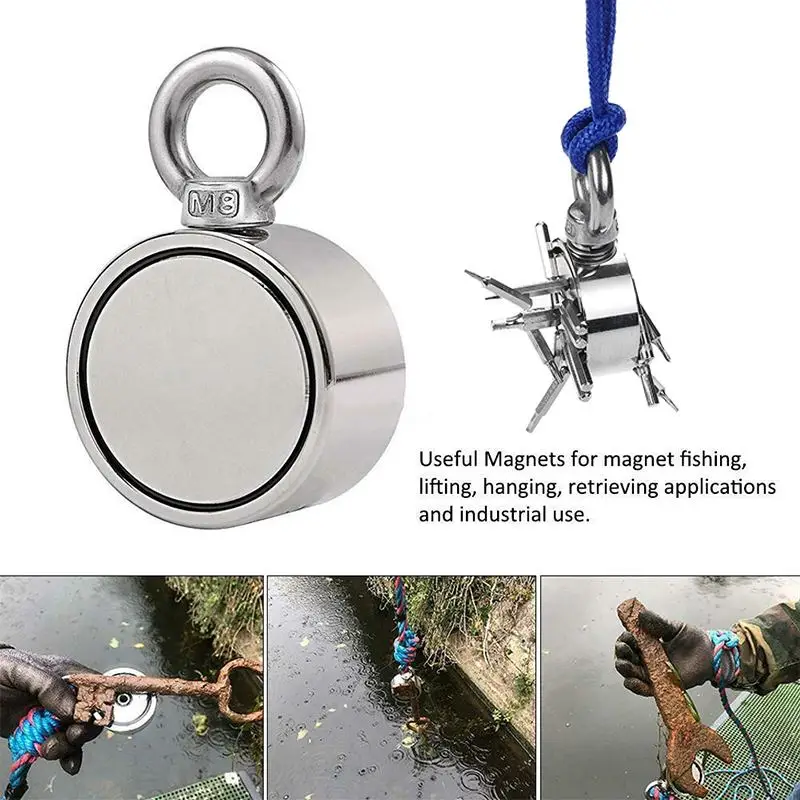 

D75mm 600KG Double-sided Powerful Round Neodymium Magnet Hook Salvage Magnet Sea Fishing Equipments Holder+Ring 10M Rope