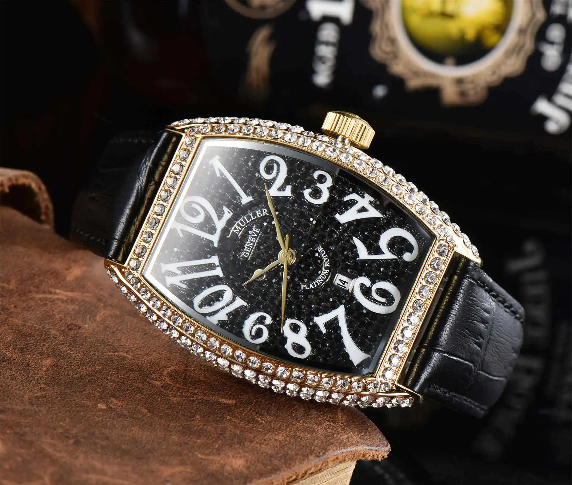

Dropshipping 2021 AAA Fashion Men Business Luxury Quartz Full Diamond Dial Leather Strap Clock Military Watch Religio Masculino