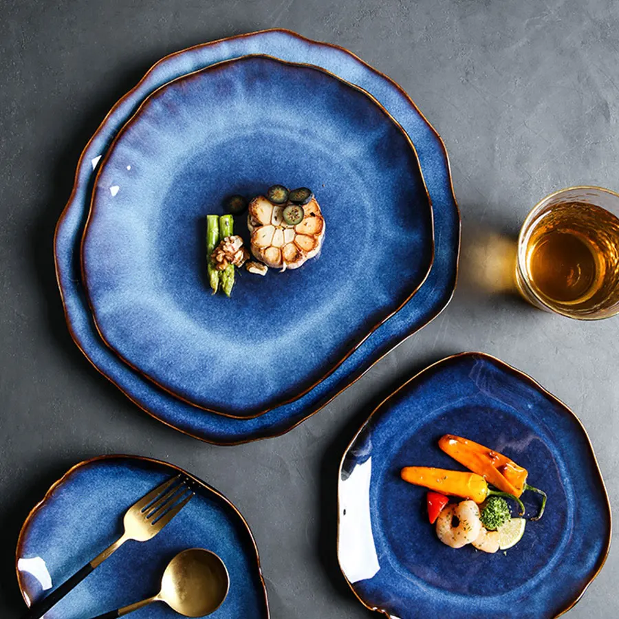 

Ceramic Plates Salad Plates Deep Blue Irregular Flat Plate Pottery Dish Household Decoration Tableware Hotel Kitchen Supplies