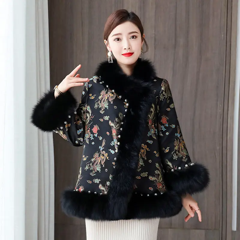 Autumn And Winter New Chinese Style Women's Jacket Retro Hanfu Fur Collar Modern Warmth Thick Qipao Tops Ethnic Shawl Coat M1723