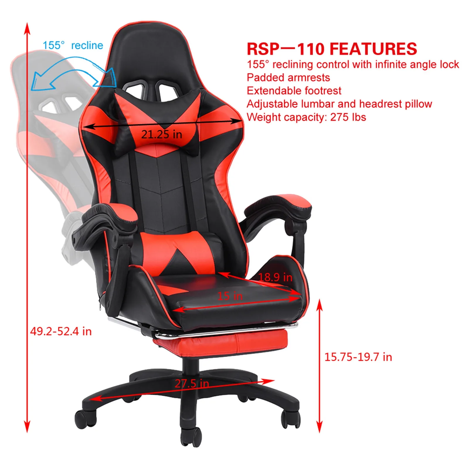 

Ergonomic Computer Chair Gaming Chair Footrest Headrest and Lumbar Support Reclining Leather Executive Swivel Chair High Back