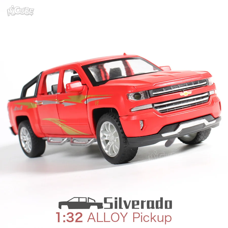 

1/32 Diecast Metal Toy High Simulation Silverado Pickup Truck Light and Sound Alloy Diecast Car Model Pull Back Toy Collection