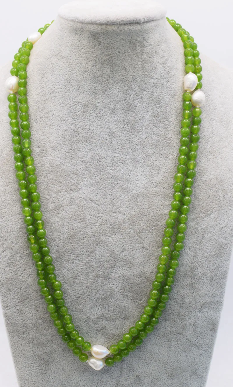 

yellow green jade round 6mm and freshwater pearl white baroque long necklace 45" nature FPPJ wholesale