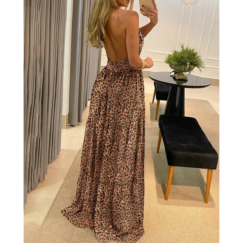 

Off Shoulder Party Dresses Women Lady Ruffle Leopard Print Flare Long Sundress Sexy Ladies Strappy Slash neck Vestido
