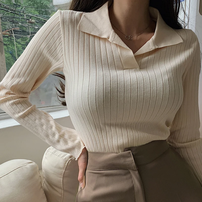 Korean Style Turn-Down Collar Women Sweater Female Long Sleeve Top Casual Pullover Knitted Sweaters Fall Clothes Sueter Feminino